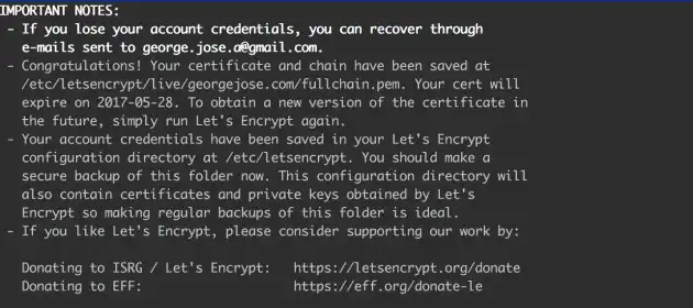 Let's Encrypt Success message